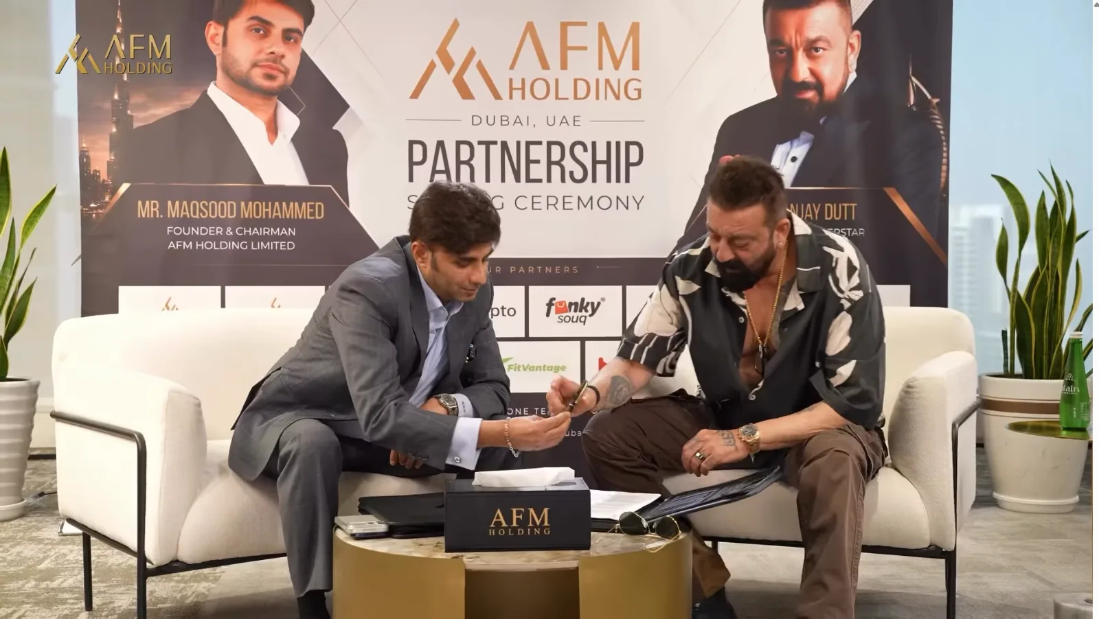 Maqsood Muhammed and Sanjay Dutt at the AFM Holding partnership signing ceremony