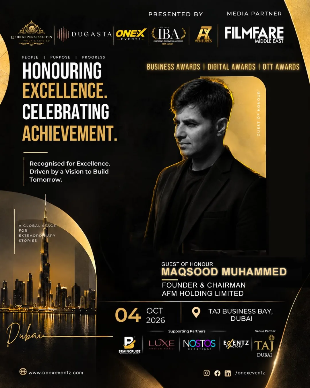 Inspiring Business Awards – Dubai Edition poster naming Maqsood Muhammed as Guest of Honour, 4 October 2026
